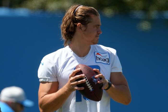 Jun 1, 2022; Costa Mesa, CA, USA; Los Angeles Chargers quarterback Justin Herbert (10) throws the ball during organized team activities at Hoag Performance Center. Mandatory Credit: Kirby Lee-USA TODAY Sports